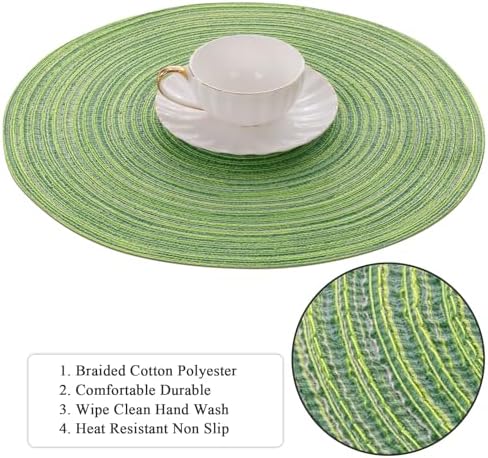 SHACOS Round Placemats Set of 8 Washable 15 inch Round Table Mats Braided Non Slip Fabric Place Mats for Dining Table Indoor Outdoor (Mixed Color Pea Green, 8)