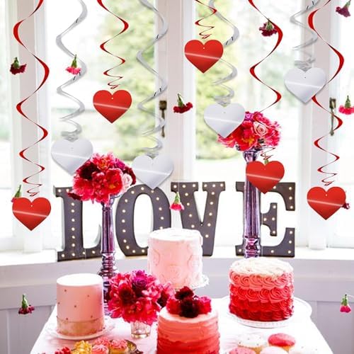 BEISHIDA Happy Valentine's Day Hanging Swirls Valentine's Decorations Red Silver Heart Hanging Ornament Wedding Anniversary Engagement Proposal Party Supplies Romantic Party Decorations Pack of 15