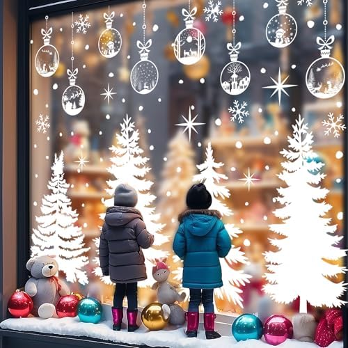 JarThenaAMCS 13.8 * 35.4'' Extra Large Winter Christmas Window Clings 4 Sheets White Xmas Tree Ball Window Stickers Double-Sided Glass Decals for Home Classroom Office Party Decoration