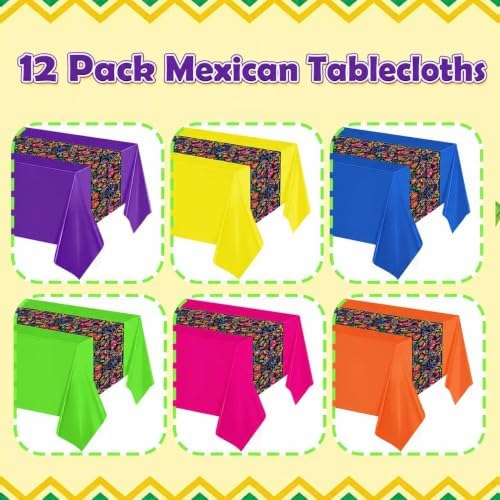 12 Pcs Mexican Fiesta Plastic Tablecloth,108 x 54 Inch