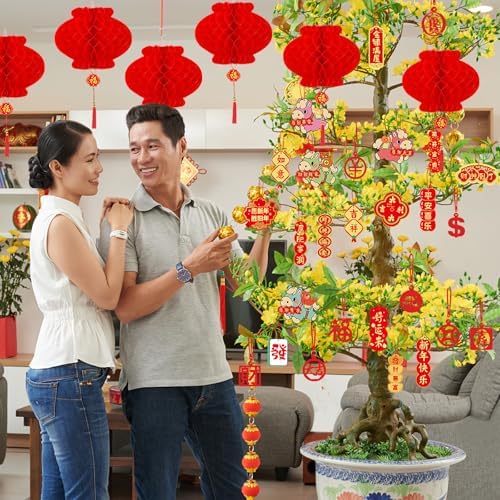 Chinese New Year Decorations 2026 Spring Festival Hanging Ornaments Paper Fans Red Lantern Happy New Year Banner Red Envelopes Chinese Fu Character Stickers for Lunar New Year Decorations