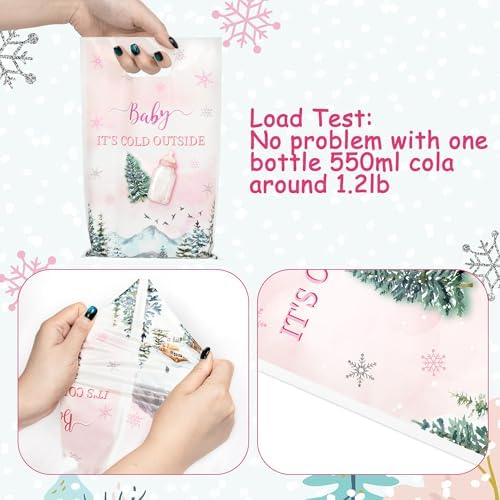 Haooryx Winter Camp Gift Bag - 50Pcs Pink Winter Wonderland Snowflake Adventure Plastic Pack Happy New Year Holiday Gift Wrap Presents Party Favor Goodie Bags Handles Bulk Gifts Wrapping Reusable Tote