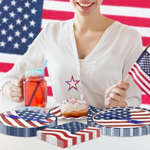 96 Pieces 4th of July Tableware Set – American Flag Disposable Plates, Napkins and Forks, Patriotic Stars and Stripes Party Supplies for Independence Day, Memorial Day and Veterans Day Decorations