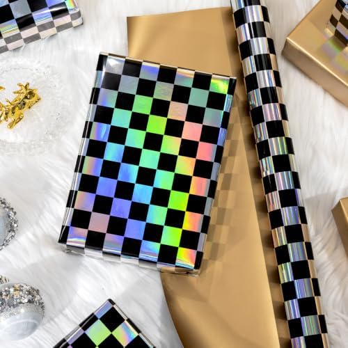 MAYPLUSS Black Gift Wrapping Paper, 17in x 33ft Holographic Checkered Wrap