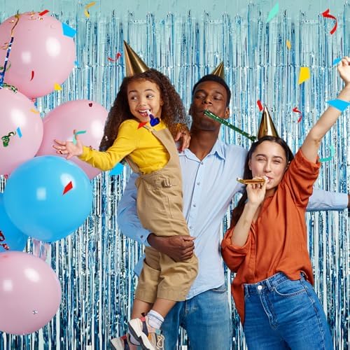 Blue Streamers Party Decorations 3.3x8.2ft 2 Pack Light Blue Tinsel Foil Fringe Curtain Backdrop Ocean Themed Party Decor Photo Booth Props for Birthday Baby Shower Bachelorette Door Hanging Wedding