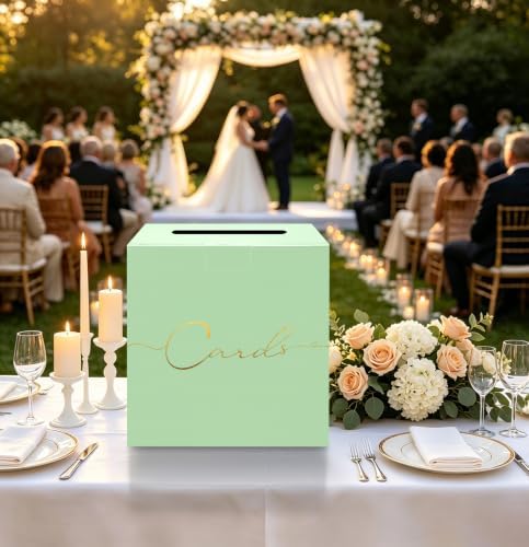 HEIPINIUYE Sage Green Wedding Card Box with Gold Foil 9.8" x 9.8" Green Large Gift Card Box for Party Wedding Reception Graduation Birthday Baby Shower Cardboard Raffle Envelope Box with Slot