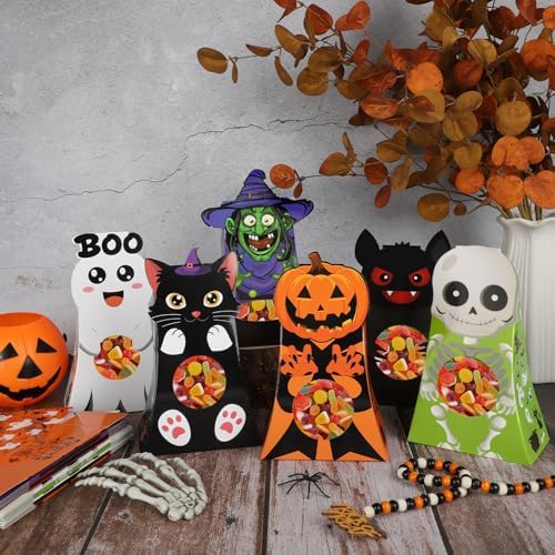 Sereliy 12pcs Halloween Treats Bags,6 Character Designs Cookie Candy Bags For Kids, Halloween Treat Boxes With Window, Goodie Gift Boxes For Party Favor Supplies