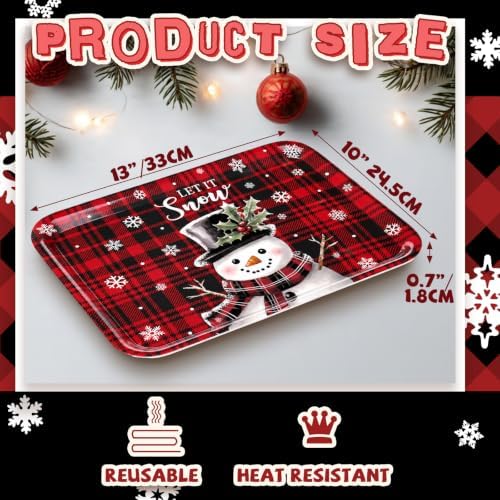 Rtteri 3 Pcs Christmas Serving Trays and Platters 13 x 10 Inch Reusable Red and Black Plastic Christmas Platter Rectangle Buffalo Plaid Xmas Tree Candy Serving Dishes Plates for Holiday Party Decor