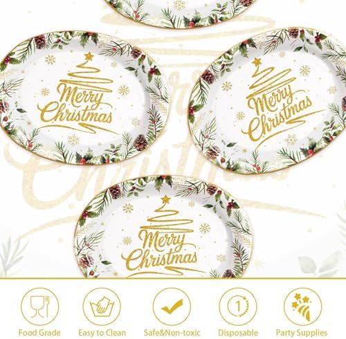 50Pcs Christmas Oval Paper Plates 10" x 12" Large for Merry Christmas