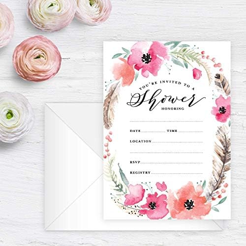 Canopy Street Boho Spirit Fill In The Blank Shower Invitation / 25 Bridal Shower Invitations With White Envelopes / 5" x 7" Flat Boho Baby Shower Invite