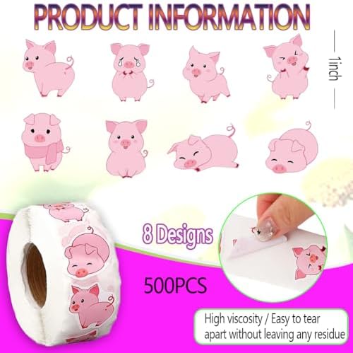 500PCS Little Pig Stickers 7 Styles Pink Piglet Sticker Rolls 1in Adorable Cartoon Stickers Party Favors Waterproof Vinyl Sticker for Birthday Party Favors Envelopes Scrapbook Decorations
