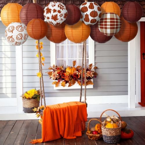 Bencailor 16 Pcs Fall Paper Lanterns Thanksgiving Orange Pumpkin Party Paper Lanterns Round Thankful Maple Leaves Hanging Party Decorations for Autumn Harvest Outdoor Decor (Cut,Warm)