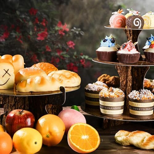PANGU 2 Pack Rustic Wood Cupcake Stand for Party, 3-Tier Cardboard Cupcake Tower Holder for Baby Shower, Birthday, Camping, Safari Theme, Woodland Party Decorations, Dessert Display Tray (Wood Grain Look)