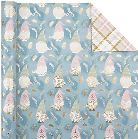 WRAPAHOLIC Reversible Christmas Wrapping Paper - Mini Roll - 17 Inch x 33 Feet - Blue Purple Gnome and Plaid Design with Metallic Foil Shine for Holiday, Party, Celebration