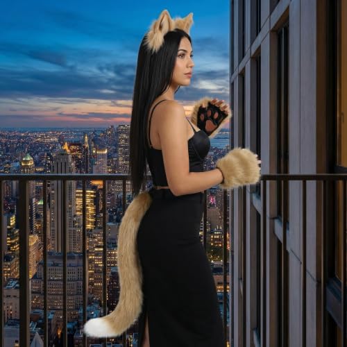 CHOICEONE Cat Fox wolf Ears and Tail Set with Paws Gloves Faux Fur Animal Cosplay Costume Accessories for Halloween Party