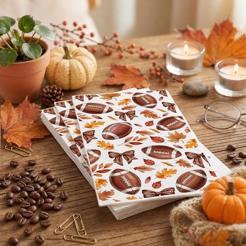 Fall Football Bow Disposable Paper Napkins, 2-Ply Soft Absorbent Guest Towels for Thanksgiving Harvest Autumn Sports Party Bathroom Dinner, 200 Count