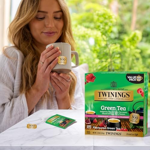 Twinings Green Tea with Pomegranate, Raspberry, & Strawberry Individually Wrapped Bags, 100 Count (Pack of 1), Caffeinated, Enjoy Hot or Iced, 100 Teabags