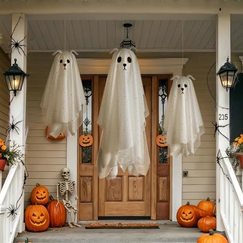 Halloween Decorations Outdoor, 3 Pack Lighted Dog Ghost Hanging Decor