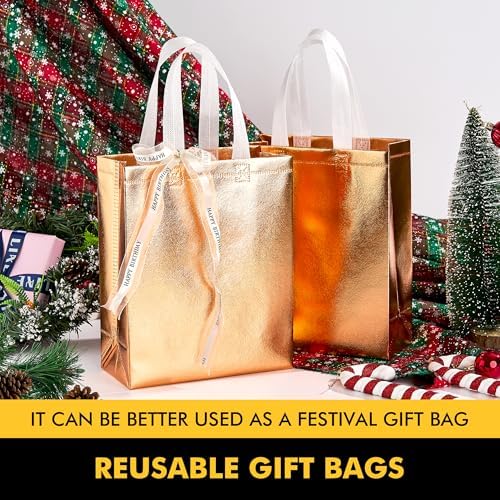 RACETOP 15 Pcs Rose Gold Reusable Gift Bags Bulk, 8x4x10 Inch Elegant Non-woven Sparkle Gift Bags for Birthday, Wedding, Party Favors, Fashion Accessories Packaging