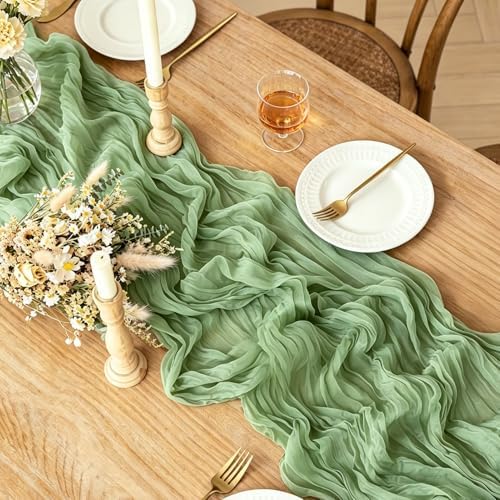 6Pcs Sage Green Cheesecloth Table Runner, 10FT Rustic Green Boho Gauze Table Runner for Spring Easter Woodland Safari Baby Shower Bridal Shower Wedding Tea Party Birthday Decorations