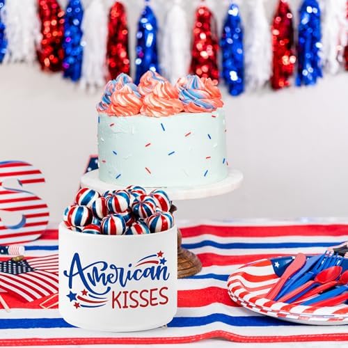 Patriotic 4th of July Candy Dish, Independence Day Mini Ceramic Candy Bowl Tiered Tray Centerpiece Decor, Snack Serving Table Wishes Accents for Party Home Kitchen Events (American Kisses)