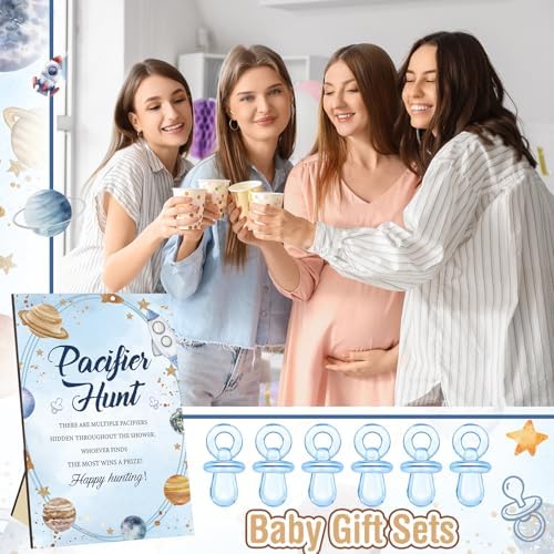 Thyle 51 Pcs Outer Space Baby Shower Games Planets Pacifier Hunt Include Galaxy Solar System Hunt Sign and 50 Acrylic Pacifiers for Astronaut Baby Shower Game over The Moon Gender Reveal Party Decor
