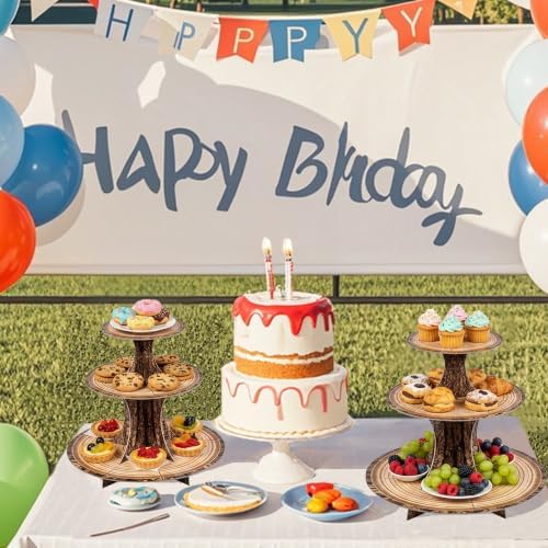 Rustic Woodland Cupcake Stand Set, 2 Pack 3-Tier Dessert Tower for Safari Birthday, Baby Shower, Camping & Woodland Party Decor