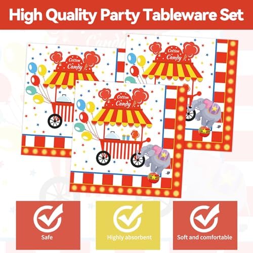 50Pcs Carnival Plates and Napkins Party Supplies, Disposable Circus Birthday Theme Paper Plates Napkins Tableware Set for Baby Shower Birthday Party Decorations (Carnival)