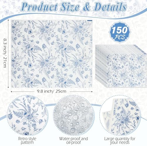 AmazingSpark 150 Pcs Deli Wax Paper Sheets for Food 8 x 10 Inch Greaseproof Waterproof Sandwich Wrapping Paper Basket Liner for Outdoor Picnic Beach Wedding Birthday Baby Shower (Blue Flowers)