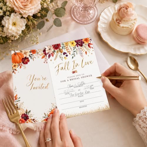 Fall in Love Bridal Shower Invitations, Fill In Style Invites With Envelopes for Fall Wedding Reception, Watercolor Floral Bridal Shower Invitations, Bride To Be Double-Sided Invite Cards, 4 x 6 Inch Set of 25