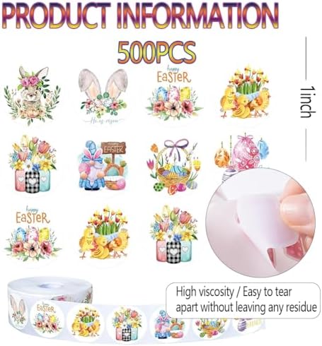 500PCS Easter Bunny Stickers 12 Designs Spring Easter Egg Rabbit Stickers Roll 1in Waterproof Self-Adhesive Decorative Label Rabbit Sticker for Envelopes Scrapbook Holiday Party Decorations