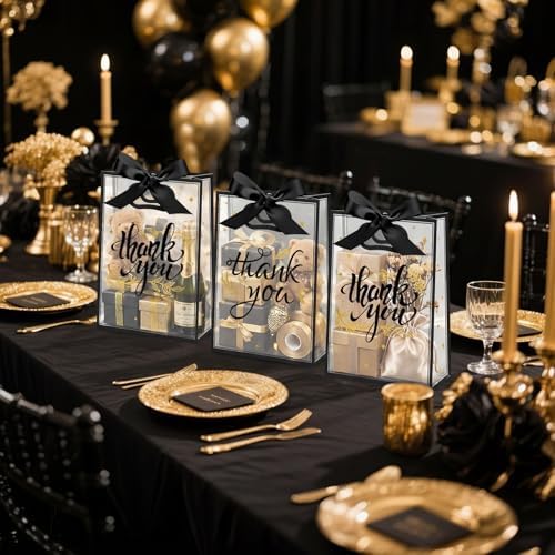 Capoda 24 Pcs Clear Thank You Gift Bags with Handles, Black and Gold