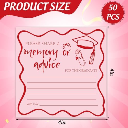 JarThenaAMCS 50Pcs Pink Graduation Memory or Advice Cards Single Sided Congrats Grad Message Card with Cap & Diploma Design for Girls High School College Kindergarten Graduation Party Favor Supplies