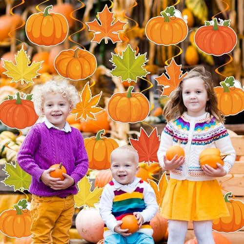 40Pcs Fall Pumpkin Maple Leaf Hanging Swirl Decorations, Autumn Thanksgiving Party Ceiling Hanging Swirls Fall Hanging Swirls Streamers for Autumn Thanksgiving Harvest Party Decor Supplies