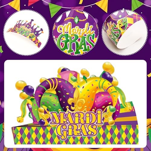 Qpout 24pcs Mardi Gras Crown Headband Carnival Party Paper Hat Headpiece Photo Booth Props Kits Mardi Gras Crowns for Carnival New Orleans Party Favors Supplies Decoration
