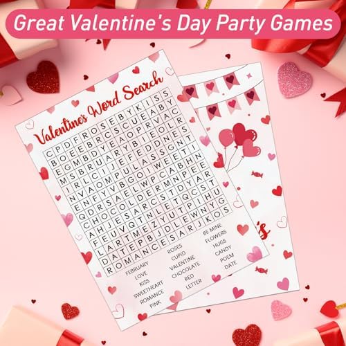 30 Players Valentine's Party Games for Adults Family Office Large Groups, Valentine Parties Word Search Game Card with Answer Key, Valentines Day Classroom Activities Party Favor (Valentines Search)