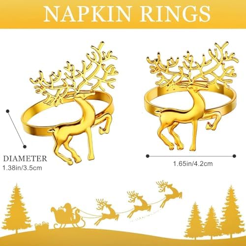 Gold Christmas Napkin Rings Set of 6, Metal Winter Xmas Elk Napkin Holders Wedding Dinner Home Table Decorations Winter Christmas Decorations