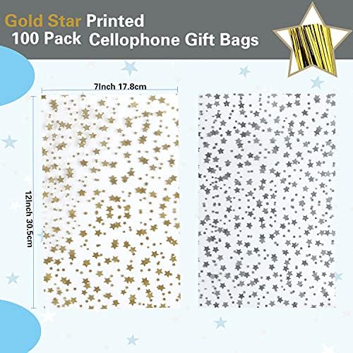 Star Printed 100 Pcs 7"X 12" Gift Wrap Cello - Clear Candy & Cookie Bags with Twist Ties for Bakery, Birthday, Wedding & Party Decorations (Gold)