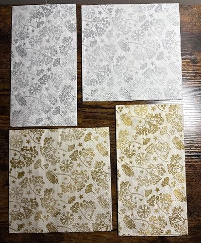 IHR Ideal Home Range Party Napkins Disposable 3-Ply Paper Lunch Napkin Pack, 6.5" x 6.5", Bright Winter Branches (Cream & Gold), 20-Count