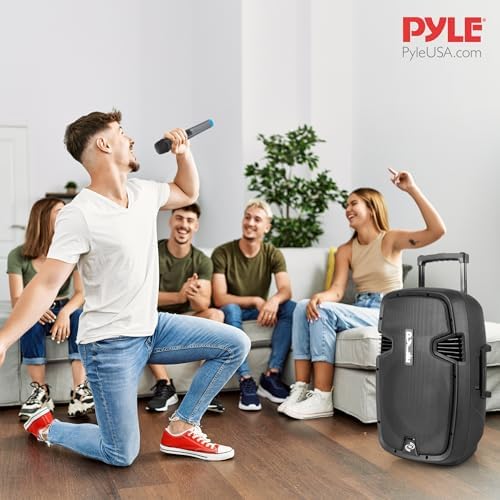 Pyle Portable Bluetooth PA Speaker System - 1000W Wireless Karaoke Loudspeaker with 12” Subwoofer, USB/SD/MP3/FM - Includes Dual UHF Mics, Remote, Rolling Wheels - Ideal for Parties, Events, Outdoors