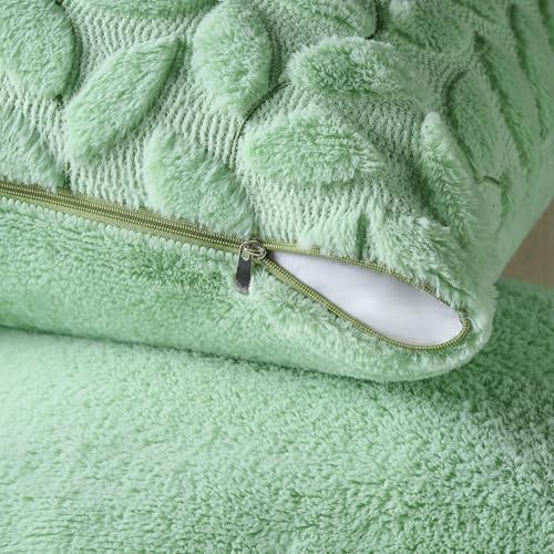 Softalker Spring Summer Throw Pillow Covers 18 x 18 Inch Set of 2, Green Leaves Soft Plush Faux Fur Cushion Covers, 3D Embroidered Pillow Cases for Couch Bedroom Living Sofa Room Home Decor, Sage