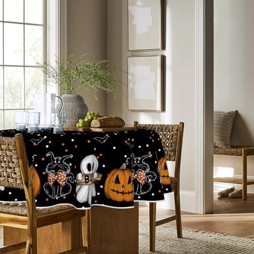 Horaldaily Halloween Tablecloth 90 x 90 Inch Round Jack-O-Lantern Ghost Cat