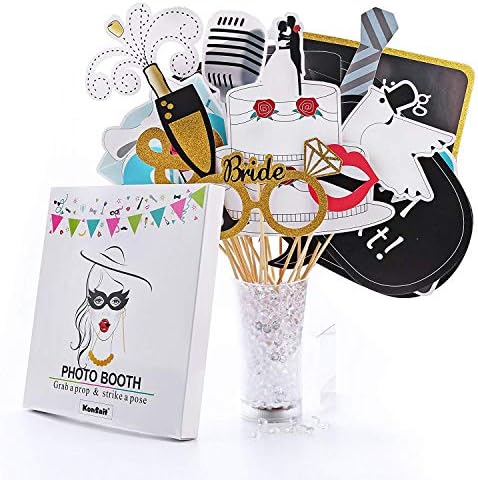 Wedding Photo Booth Props Kit, Konsait Bridal Shower Photo Booth Prop with Wooden Dowels for Wedding Shower Party Supplies (52 Counts)