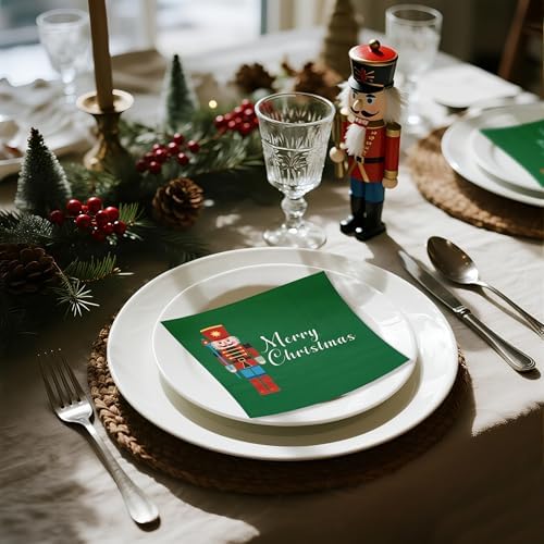 WRAPAHOLIC 50Pcs Christmas Paper Napkins - 3 Ply Green Nutcracker Disposable Cocktail Napkin for Christmas Party Supplies Tableware, Xmas Holiday - 5 x 5 In