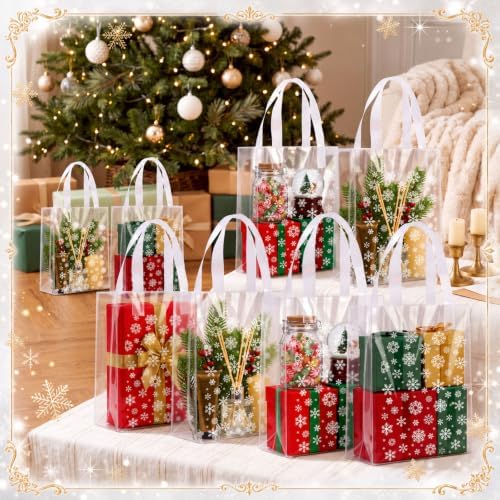 Pajean 25 Pcs Winter Plastic Gift Bags with Handles, Snowflake Pouches