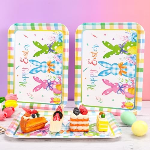 JarThenaAMCS 3Pcs Easter Serving Trays Reusable Serving Dishes Watercolor Pastel Plaid Rabbit Egg Platter for Spring Party Sharing Snacks Fruits Dessert, 13 x 10 Inch