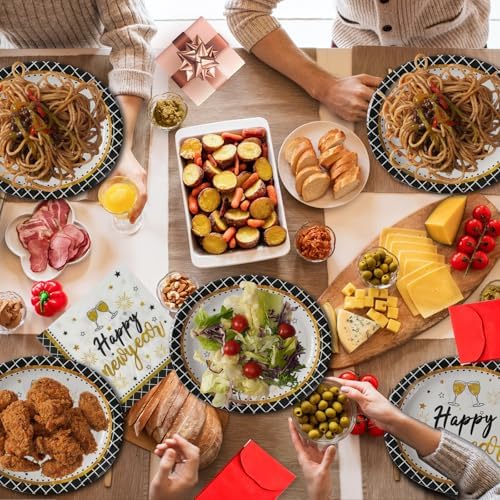 Dereinwo 50 Pcs New Year Paper Plates and Napkins Set