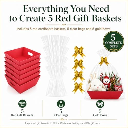 CDIVEFTN Red Empty Gift Baskets, 5 Pack 12x10 in with Bags and Bows