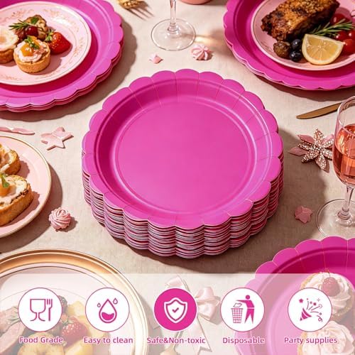 Vyntra 50 Pcs Hot Pink 7 Inch Scalloped Paper Dessert Plates