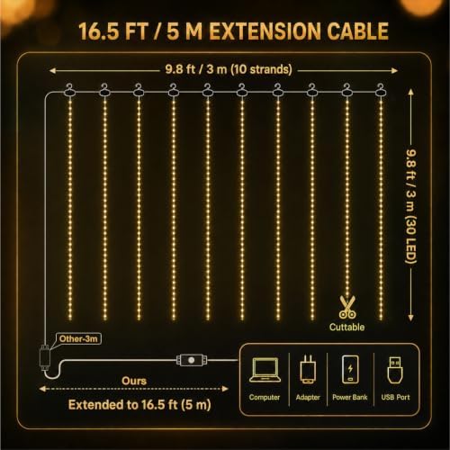 HXWEIYE 300LED Fairy Curtain Lights, 9.8x9.8Ft USB, Remote, Tangle-Free
